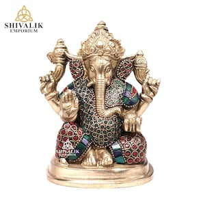 Brass GANESHA statue, 4.5inch, Handmade Brass small size lord Ganesha with stone inlay work, Ganesha for temple or Altar, Good luck gift