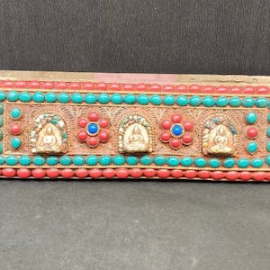 Uralte Buchschriftstellen, 22cm breit, tibetischer Text, Neun Formen buddha, buddhistische Handschrift, alte Reispapier Schrift, Handgeschrieben, Handgemalt