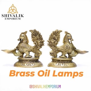 Peacock Design Brass Oil Lamp, Diwali gift, Traditional Brass Oil Lamp Stand, Indian Temple Home decor, Brass Diya oil wick set for temple