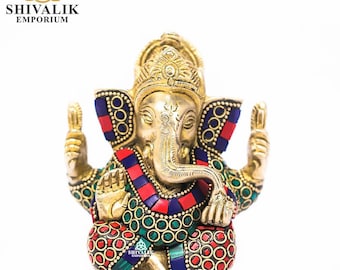 Estatua de Ganesha de latón hecha a mano: incrustaciones de piedra de mosaico, 4 pulgadas