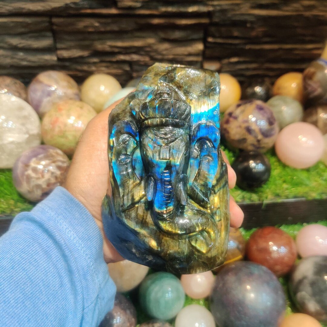 Labradorite Ganesha Head Statue, 4.75inch, 1.25KG, Hand Carved Ganesh