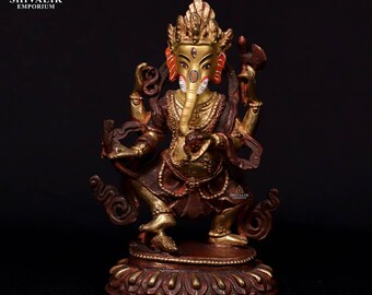 Estatua de Ganesha de bronce hecha a mano: rostro dorado, arte nepalí (17 cm)