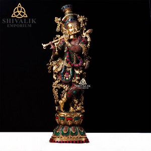 真鍮製クリシュナ像、レパクシ南インドスタイル、24インチ