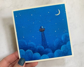 Blue Spaceship Art Print | 4"x4" | 5"x5" | Art Poster | Original Acrylic Painting | Birthday Gift | Cute Wall Art