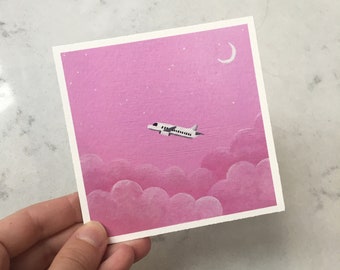 Pink Airplane Art Print | 4"x4" | 5"x5" | Art Poster | Original Acrylic Painting | Birthday Gift | Cute Wall Art