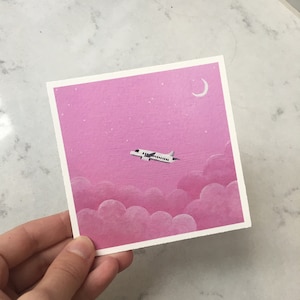 Lámina artística de avión rosa / 10 x 10 cm / 13 x 13 cm / Póster artístico / Pintura acrílica original / Regalo de cumpleaños / Arte mural encantador