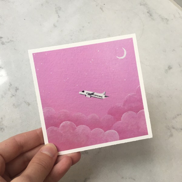 Pink Airplane Art Print | 4"x4" | 5"x5" | Art Poster | Original Acrylic Painting | Birthday Gift | Cute Wall Art