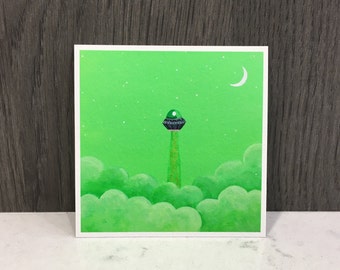 Green Spaceship Art Print | 4"x4" | 5"x5" | Art Poster | Original Acrylic Painting | Birthday Gift | Cute Wall Art