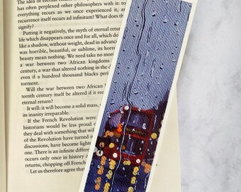 Regenachtig Londen bladwijzerafdruk | 6&quot;x2&quot; | Verjaardagscadeau | Londense bus kunstprint | Origineel Acrylschilderij | Reizen kunst