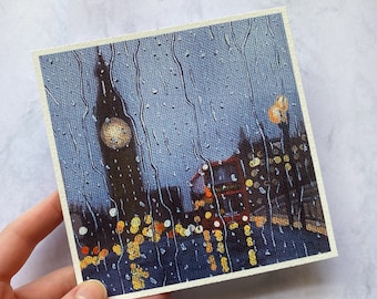 Rainy London Art Print | 5"x5" | 4”x4” | Birthday Gift | UK Art Print | Original Acrylic Painting | Travel Art