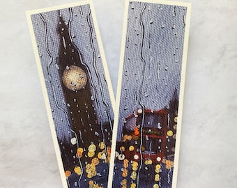 Set van 2 Londense bladwijzers | Big Ben-kunstafdruk | Londense bus kunstafdruk | Origineel acrylschilderij | Reiskunst | Verjaardagscadeau