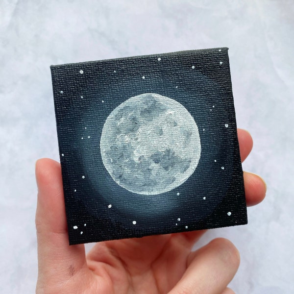 Mini tableau lune | 2,6 x 2,6 pouces | Art mural en toile | Cadeau d'anniversaire | Peinture acrylique originale | Accessoire de bureau mignon