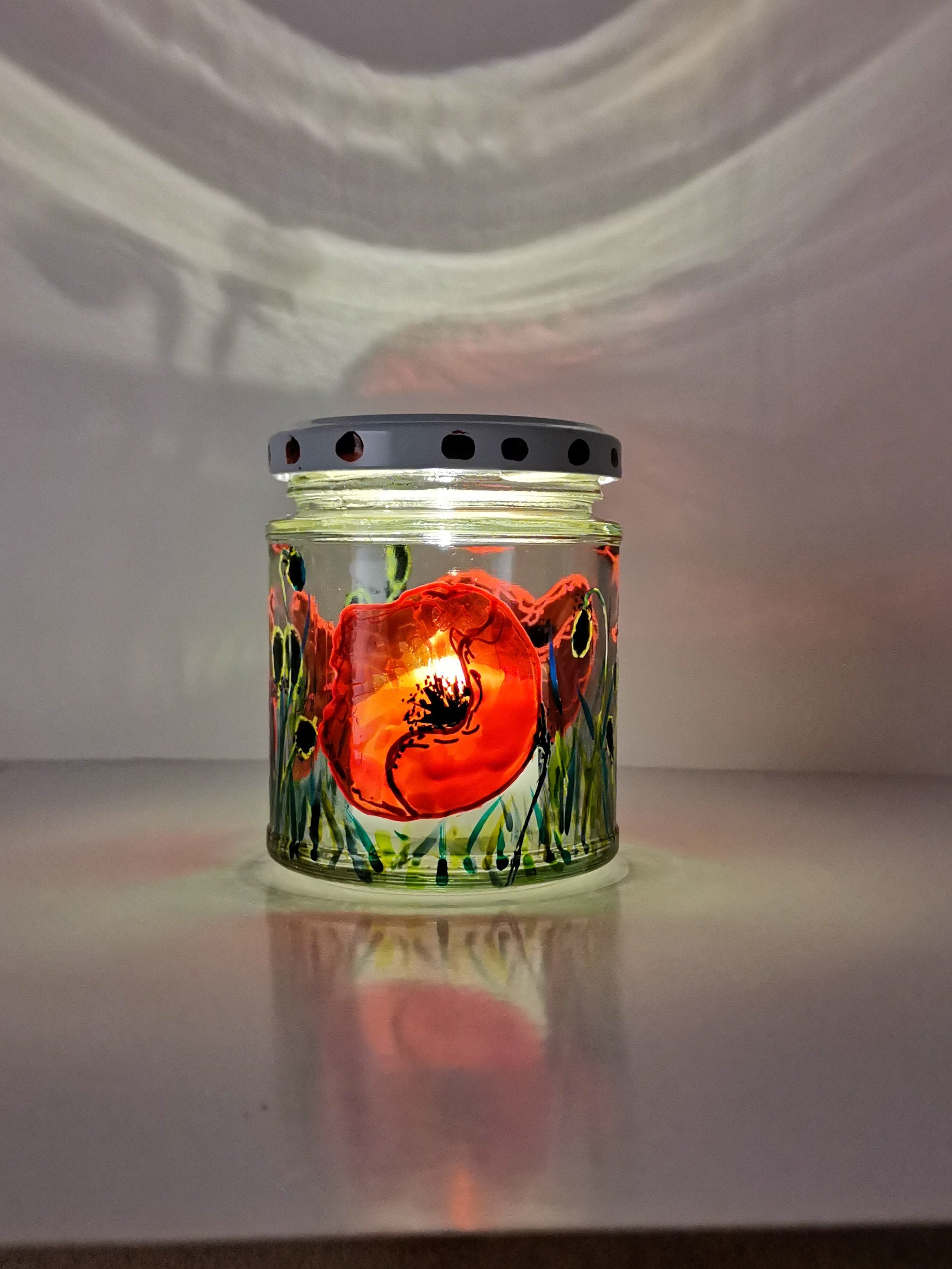 Hand painted recycled glass jars with lids. Vibrant red Etsy