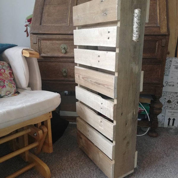 Rolling kitchen shelf storage between units spice and condiment or cleaning supplies rack from repurposed pallet wood