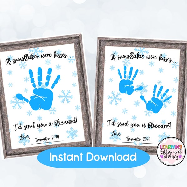 Snowflake Kisses Handprint Craft Template Winter Preschool and Kindergarten Crafts Instant Digital Download January Child Handprint Crafts