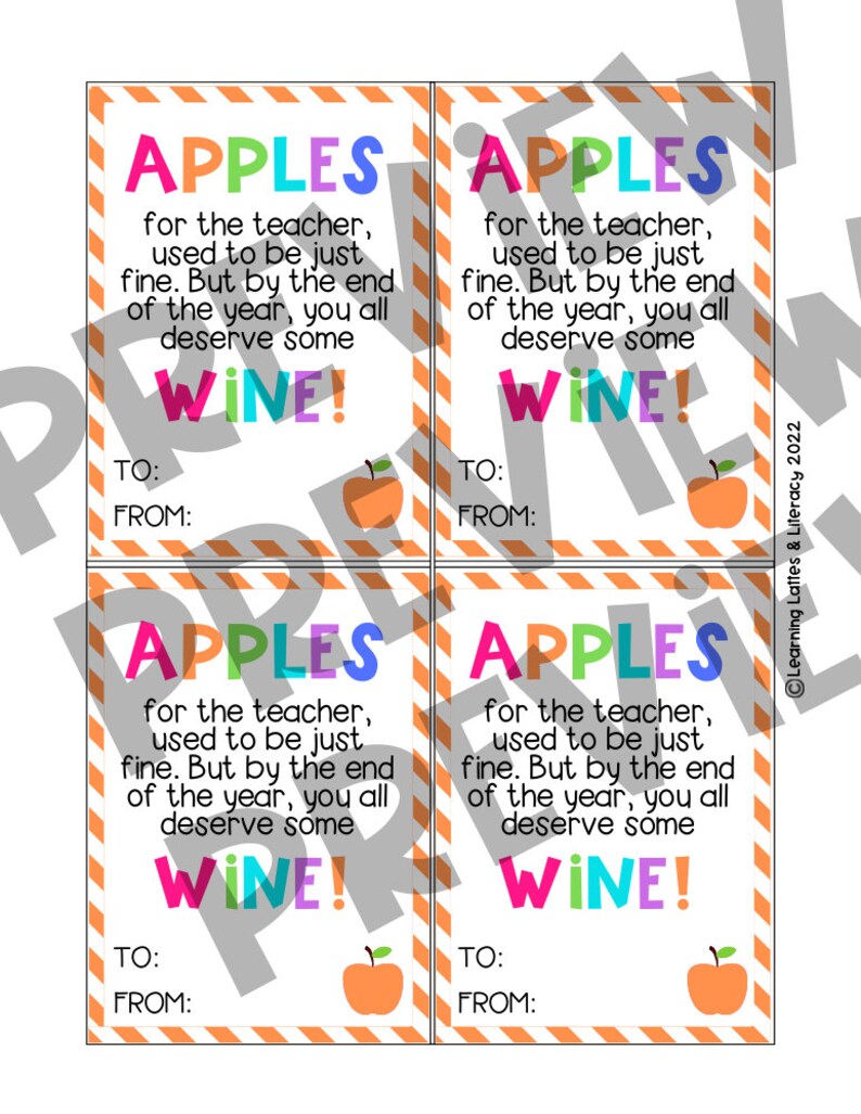 Teacher Appreciation Wine Gift Tags: End of School (digital Download ...