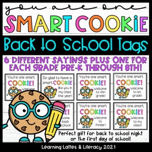 One Smart Cookie Back to School Gift Tags Treats Welcome New School Year Grades PreK-8 Student Cookie Gift Tags Meet the Teacher Gift Tags