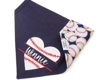 Reversible Dog Bandana, Spring Season Baseball Over the Collar Dog Bandana with Name, Personalized Navy Linen Slip On Pet Scarf