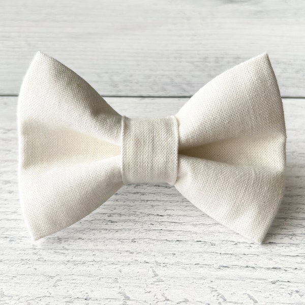 Dog Bow Tie, Cream Linen Pet Bow for Collar, Off White Dog Bowtie for Wedding