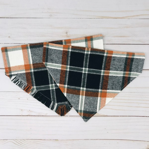 Plaid Flannel Dog Bandana, Black Cream and Orange Tartan Over the Collar Dog Bandanna, Slip On Pet Scarf with Optional Hand Fray