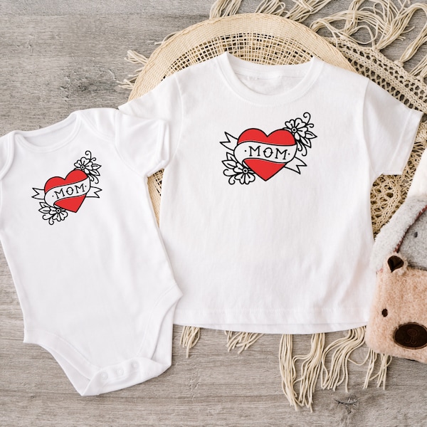 I Love Mom Bodysuit, I Love Mom Tattoo Baby bodysuit, Valentine’s Day baby, Rocker Baby clothes, Rockabilly baby, Rose Baby, Retro Baby