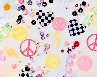 Preppy Pink Happy Smiley Face Party Confetti | Happy Face Table Scatter | Pink Glitter Party | Pinky Smiley Face Decor| One Rad Chick Party