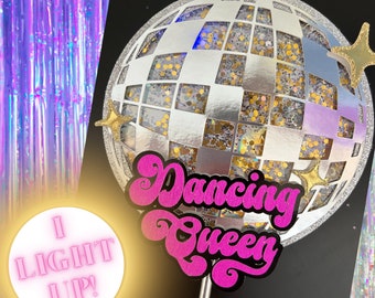 Light Up Personalized Disco Ball Shaker Cake Topper | Disco Ball Cake Topper | 70's Cake Topper | Dancing Queen | Disco Party Cake Topper