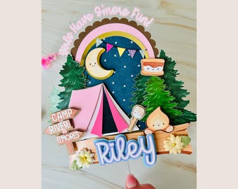 S'more Fun Camping Cake Topper | Girly Camp Birthday Cake Topper | Kawaii Camping Birthday
