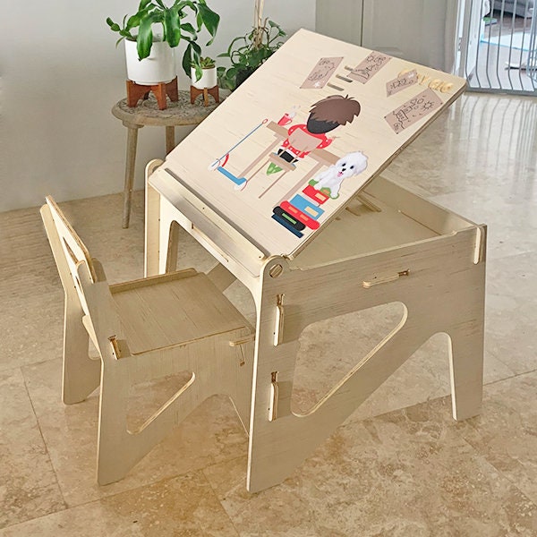 Plywood Children Desk with Chair and Clear Plastic Table Etsy