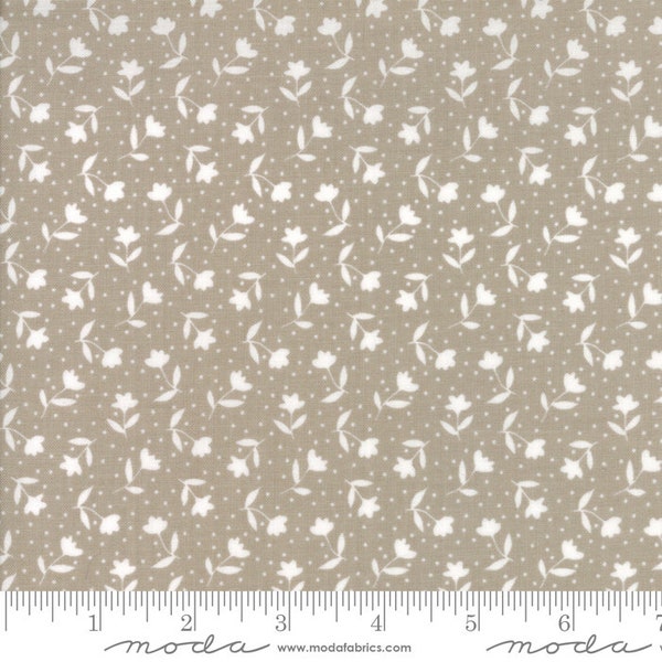 Farmer's Daughter Quilt Fabric Moda Fabrics. One Yard Cut. Taupe fabric with off-white flowers and polka dots. Classic neutral quilt fabric.