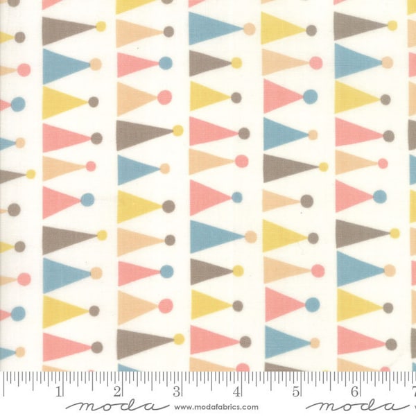 Corner of 5th and Fun Quilt Fabric Moda Fabrics. One Yard Cut. Children's fabric. Pastel party hats. Peach/teal/yelow. White background.