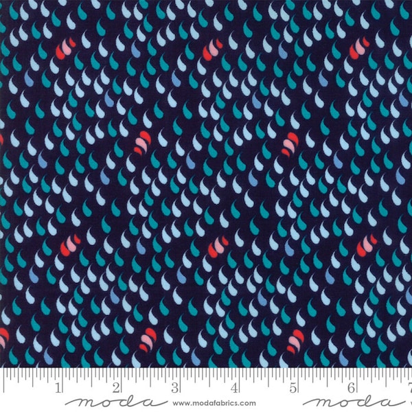 Coledale by Quilt Jane for Moda Fabrics | Half Yard, Yard Continuous Cuts | Navy blue quilt fabric with blue, pink, and red raindrops