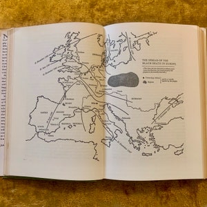 Op de afbeelding: Een zwart-witte kaart die de verspreiding van de Zwarte Dood in Europa van 1347 tot 1349 laat zien. De kaart toont de data waarop de pest verschillende steden en regio's bereikte. De tekst "The Spread of the Black Death in Europe" staat bovenaan de kaart.