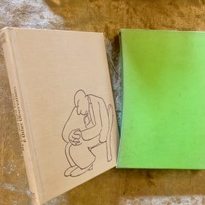 May include: A brown hardcover book with the title "My Life and Other Observations" and a black and white illustration of a person sitting on a chair. The book is next to a green hardcover book.