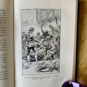 May include: A black and white illustration of a scene from a historical novel. A man in armor draws his sword while another man lies on the ground. The text "THE DUKE DELIBERATELY DREW HIS SWORD AND DURRKD RICHARD A KNIGHT" (p. 273) is printed below the illustration.