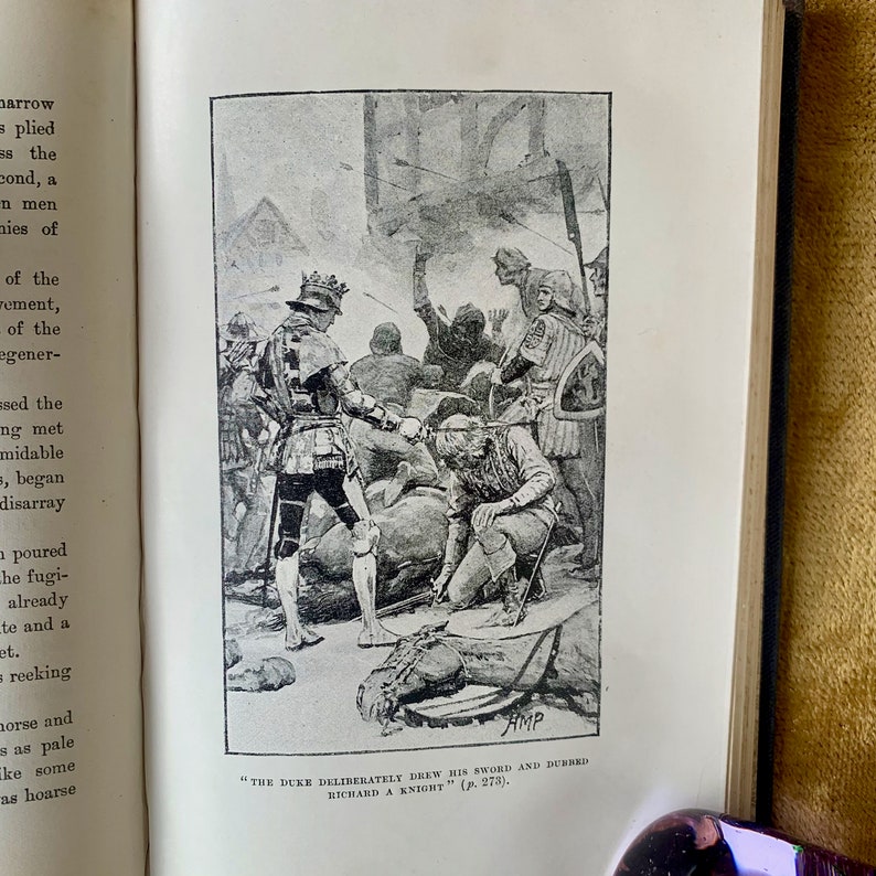 May include: A black and white illustration of a scene from a historical novel. A man in armor draws his sword while another man lies on the ground. The text "THE DUKE DELIBERATELY DREW HIS SWORD AND DURRKD RICHARD A KNIGHT" (p. 273) is printed below the illustration.
