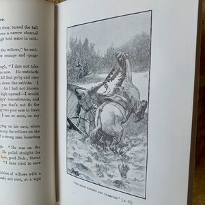 May include: A black and white illustration of a horse falling into a river with a rider on its back. The horse is struggling to stay afloat and the rider is trying to hold on. The caption below the image reads "The horse neighed and trampled" (p. 47).