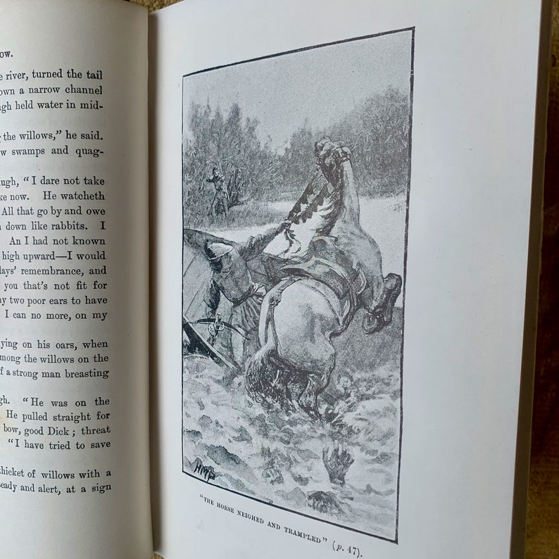May include: A black and white illustration of a horse falling into a river with a rider on its back. The horse is struggling to stay afloat and the rider is trying to hold on. The caption below the image reads "The horse neighed and trampled" (p. 47).