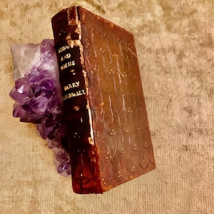 Può includere: Un libro antico intitolato "SONG AND POEMS" di Barry Cornwall, con scritte dorate sul dorso scuro. La copertina marrone presenta un motivo strutturato. Il libro è appoggiato a un gruppo di cristalli di ametista viola.