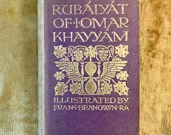 May include: A vintage book titled "Rubáiyát of Omar Khayyám" with gold lettering on a purple cover. The cover features an hourglass design with wings and floral accents. The book is illustrated by Frank Brangwyn.