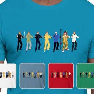 May include: A turquoise t-shirt with a graphic of 10 cartoon figures in various poses. The figures are wearing different colored clothing. The t-shirt has a white border around the graphic. Below the graphic are four smaller images of the same graphic in different colors: white, blue, red, and green.
