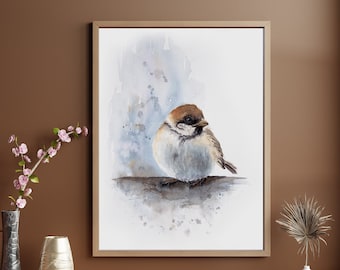 Spatz Sperling Vogel Aquarell Kunstdruck | Vogel Aquarell Bilder handgemalt