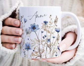 Keramik Tasse Personalisiert Blaue Wildblumen Vintage Boho Bedruckte Céramique Tasse Kaffeetasse - Geburtstag Geschenk Frau Beste Freundin