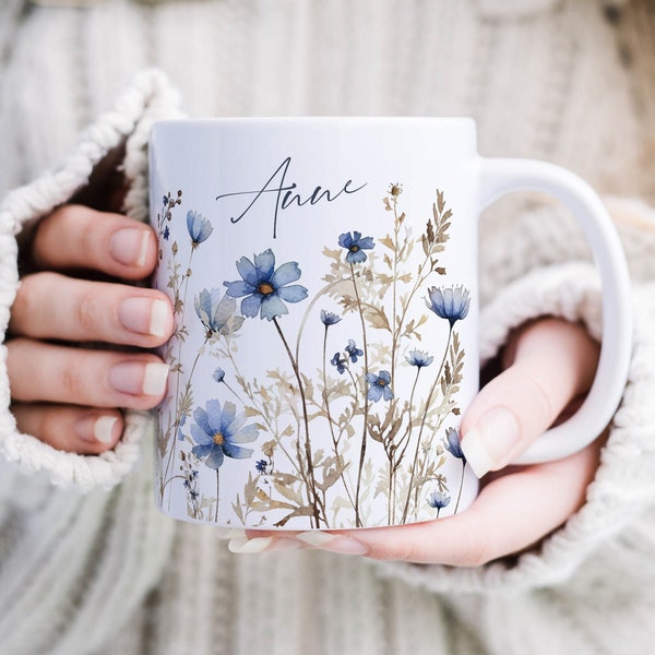 Tasse en céramique personnalisée fleurs sauvages bleues Vintage Boho imprimé tasse en céramique tasse à café - cadeau d'anniversaire femme meilleure amie