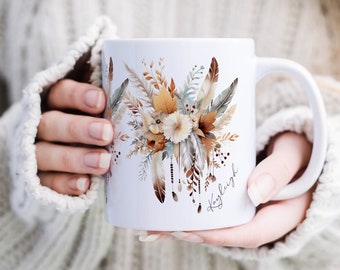 Tasse d'automne BOHO, tasse en céramique imprimée personnalisée, tasse à café, cadeau d'anniversaire, cadeaux pour meilleure amie pour femmes