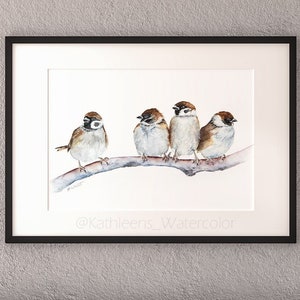 Impresión artística de gorriones, póster, impresión artística, pájaro, gorriones, impresión de acuarela, impresión DIN A4, póster para sala de estar, póster de pared, imagen para habitación infantil