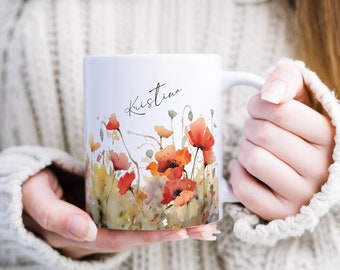 Keramik Tasse Personalisiert mit Name Aquarell Mohnblumen Rot - Das besondere Geschenk für Frau Freundin Mama oder Kollegin