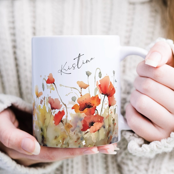 Keramik Tasse Personalisiert mit Name Aquarell Mohnblumen Rot - Das besondere Geschenk für Frau Freundin Mama oder Kollegin