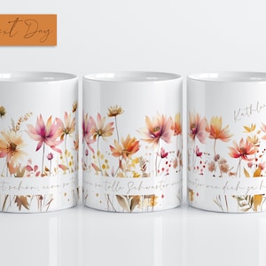 Keramik Tasse Personalisiert mit Name und Spruch Aquarell Wildblumen Orange Rosa Das besondere Geschenk für Kollegin oder beste Freundin Bild 2