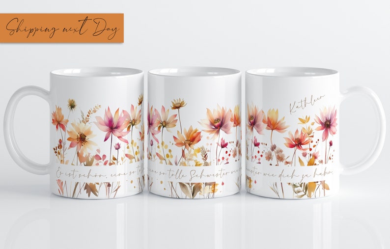 Keramik Tasse Personalisiert mit Name und Spruch Aquarell Wildblumen Orange Rosa Das besondere Geschenk für Kollegin oder beste Freundin Bild 2